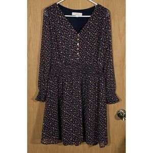 Loft Ladybug Print Smocked Button Midi Dress Peasant Sheer Sleeves Women's Sz M